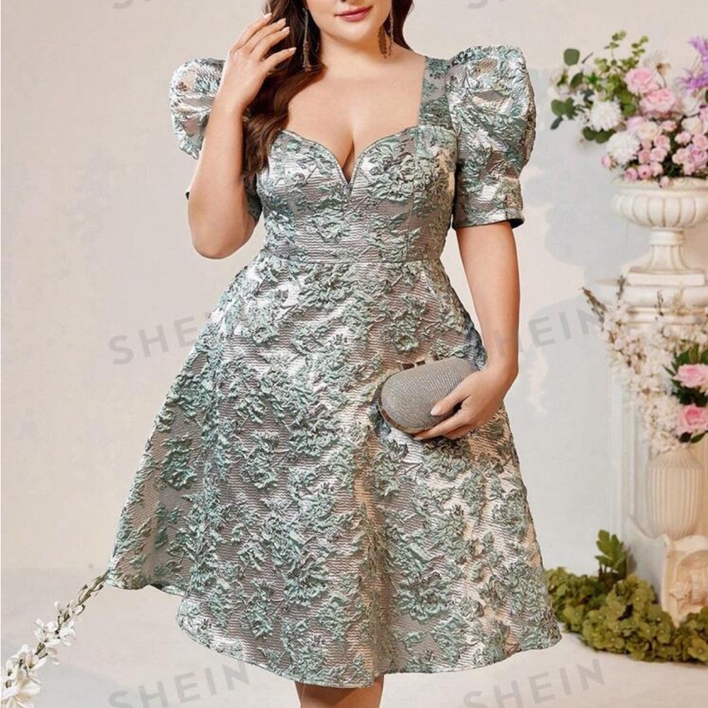 SHEIN Mint Green Jacquard Puff Sleeve Midi Dress
